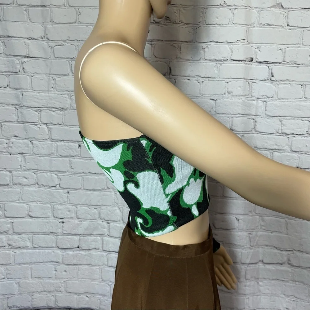 NWT New ZARA Asymmetrical Green Black Jacquard One Sleeve Top Size S